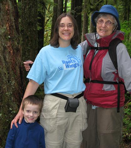 Joan hiking with her daughter and grandson in the pacific northwest.
